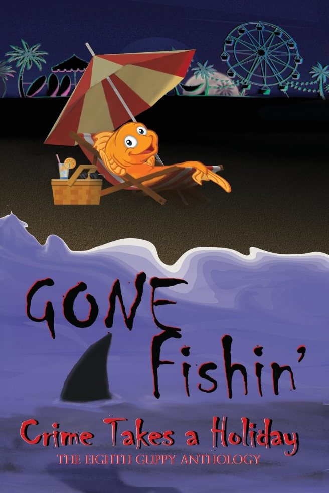 gold fish under beach umbrella with shark fin in water, book title Gone Fishin'